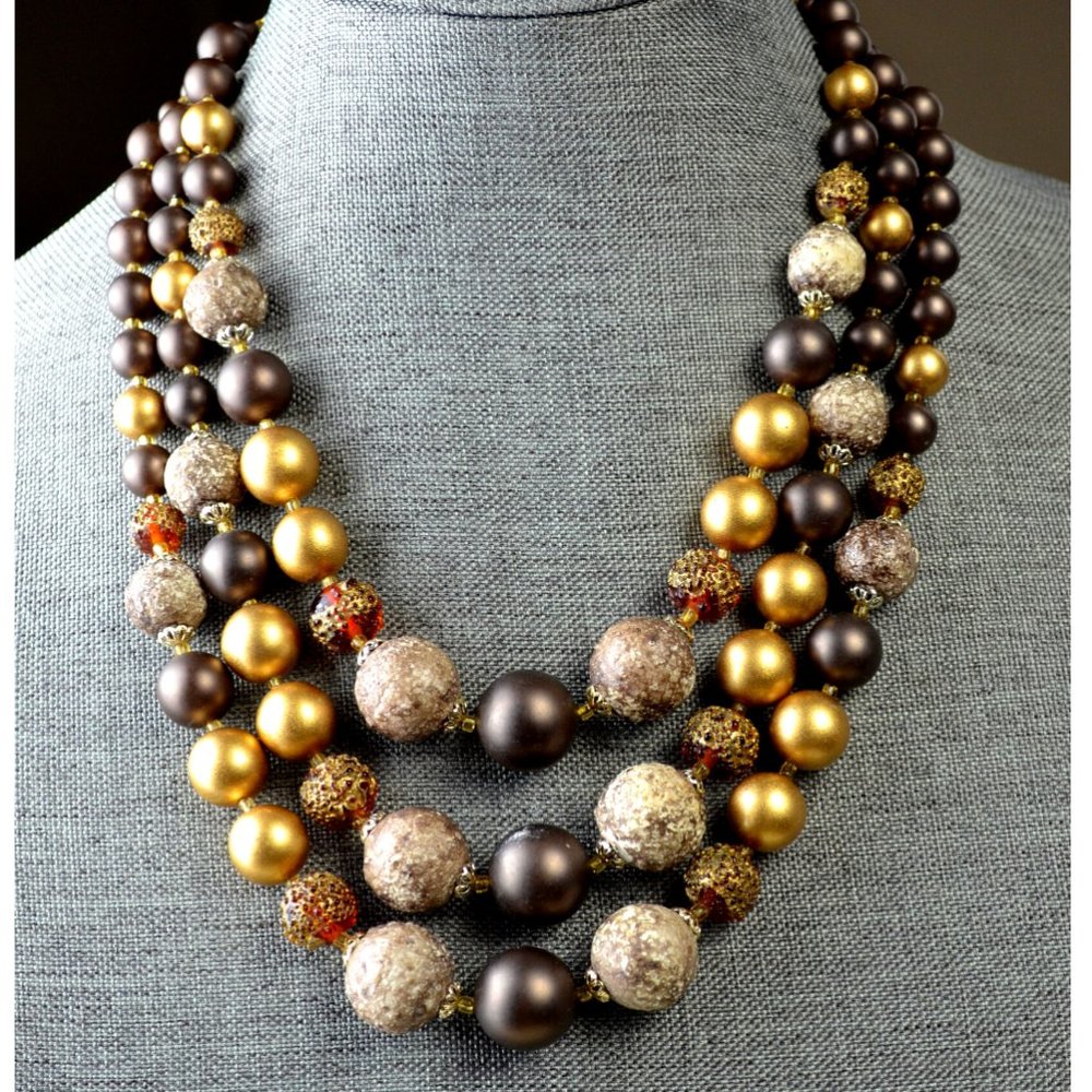 Vintage Japan 3-Strand  Graduated Necklace In Multi-Gold & Crystals "Classic!"